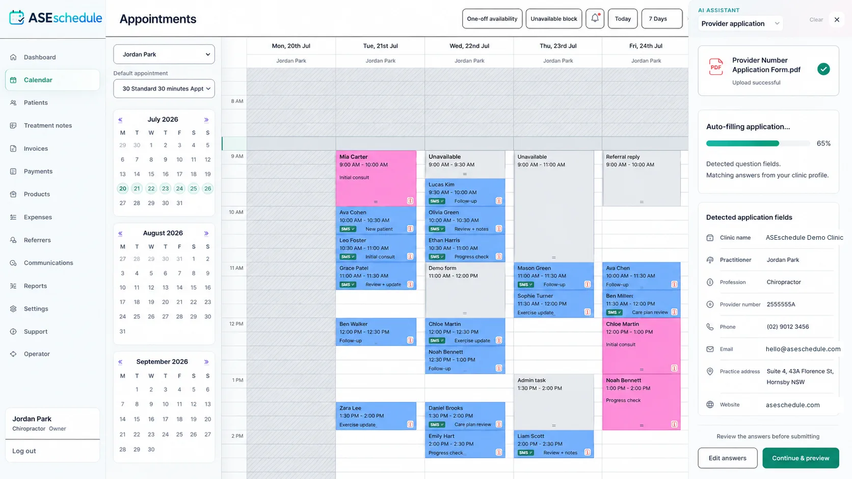 Genuine ASE Schedule appointment calendar with sanitised chiropractic demo appointments, sidebar navigation and patient workflow tools