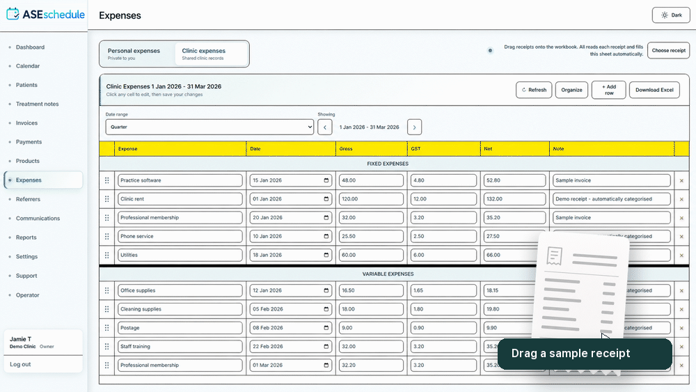 Animated sanitised aseschedule Expenses demo showing a sample receipt being dragged in, read by AI, and automatically classified