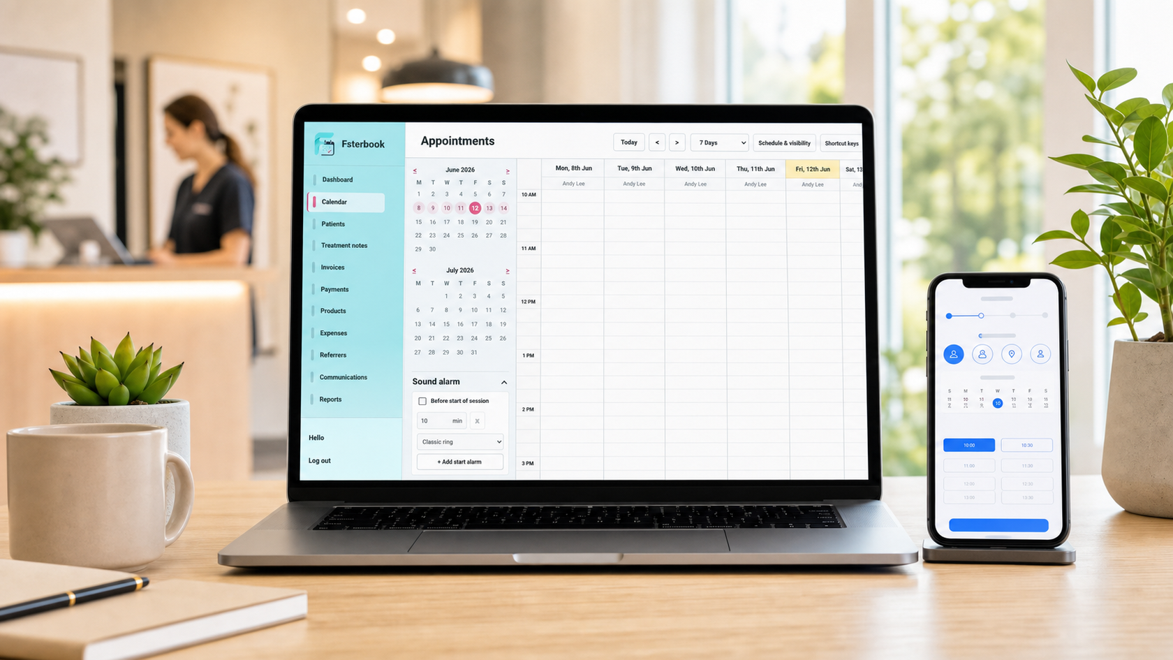 Fsterbook dashboard preview with calendar and appointment tools
