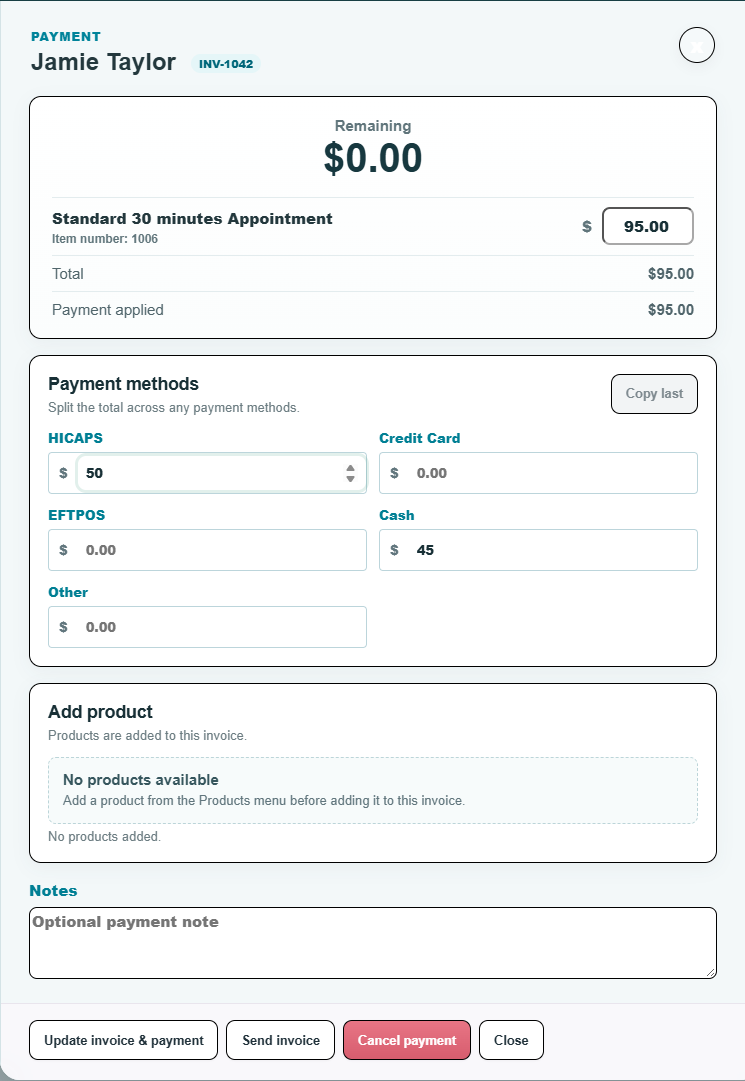 Invoice and payment records linked to a demo appointment