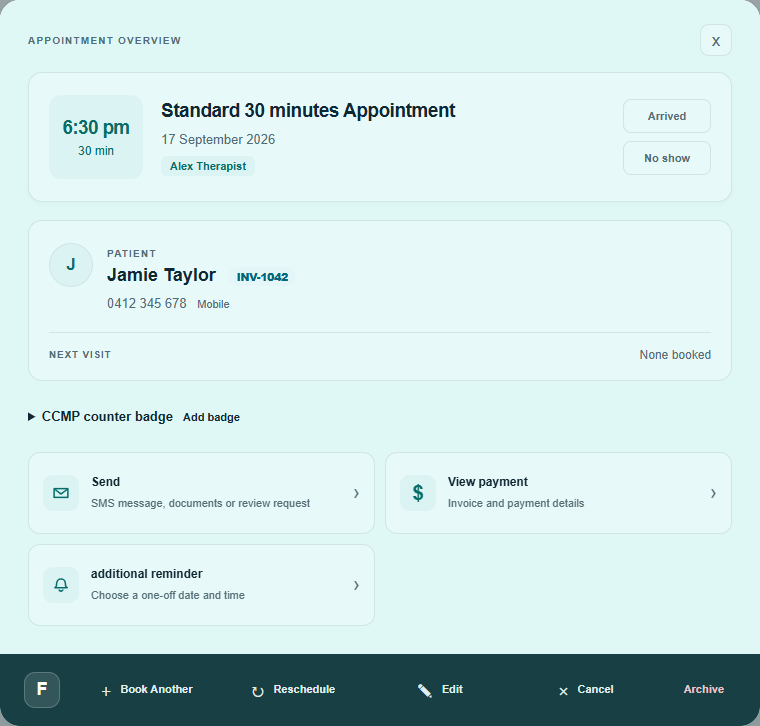 Appointment details with a demo patient and linked booking information