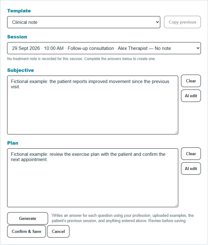 Clinical-note editor with demo content for practitioner review